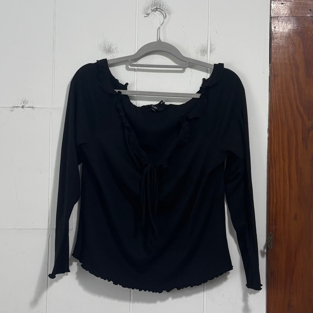 Blashe Womens 3X Black Ribbed Off Shoulder Ruffle Tie Neck‎ Lettuce Edge Top